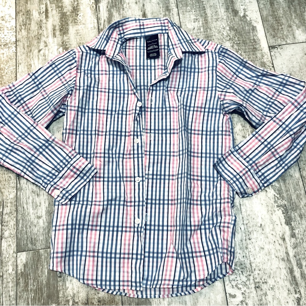 Nautica long sleeve boys button up shirt - pink and blue striped!